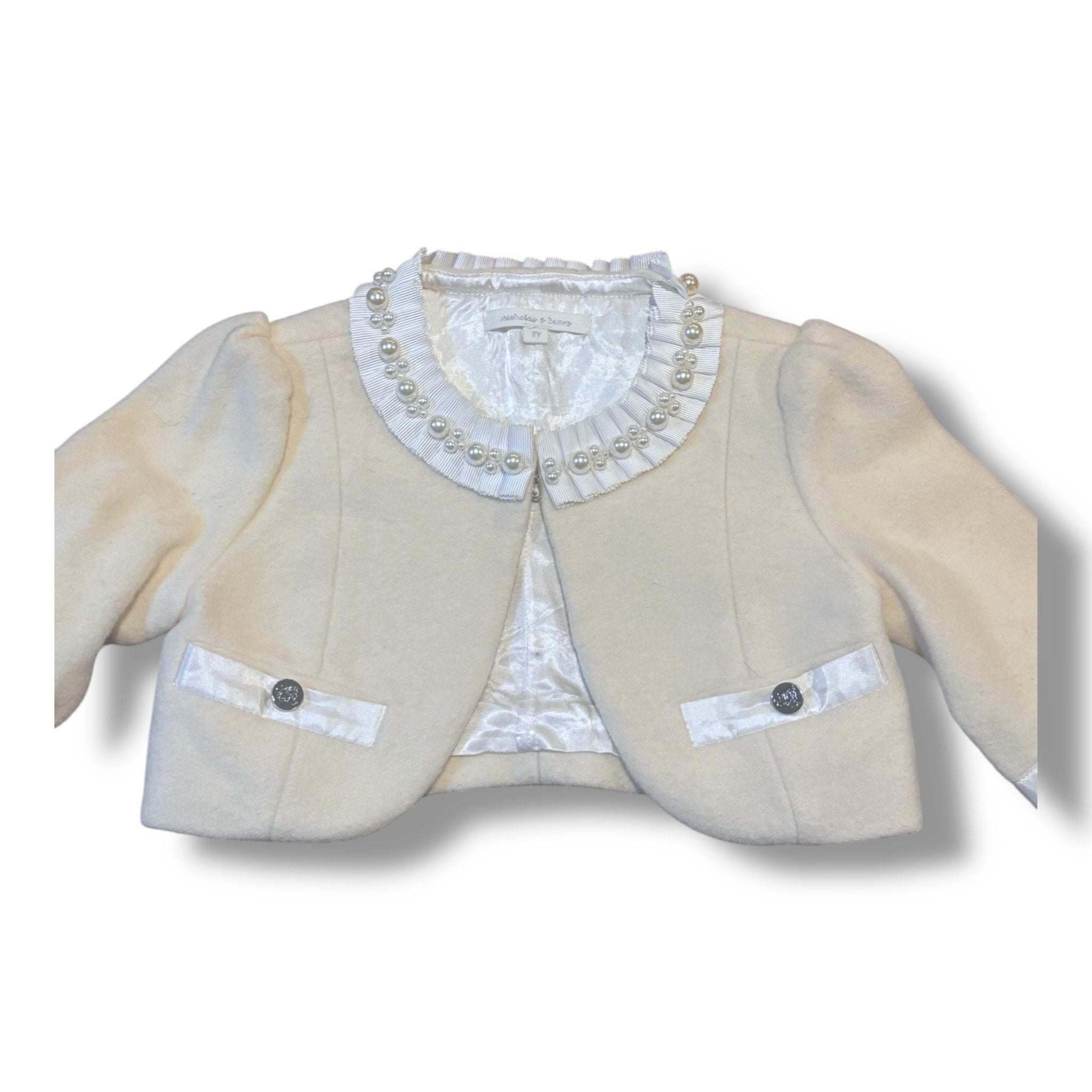 Size 2 Nicholas & Bears cream wool cropped blazer w/ grosgrain and pearl trim Default Title / 2 / Girl