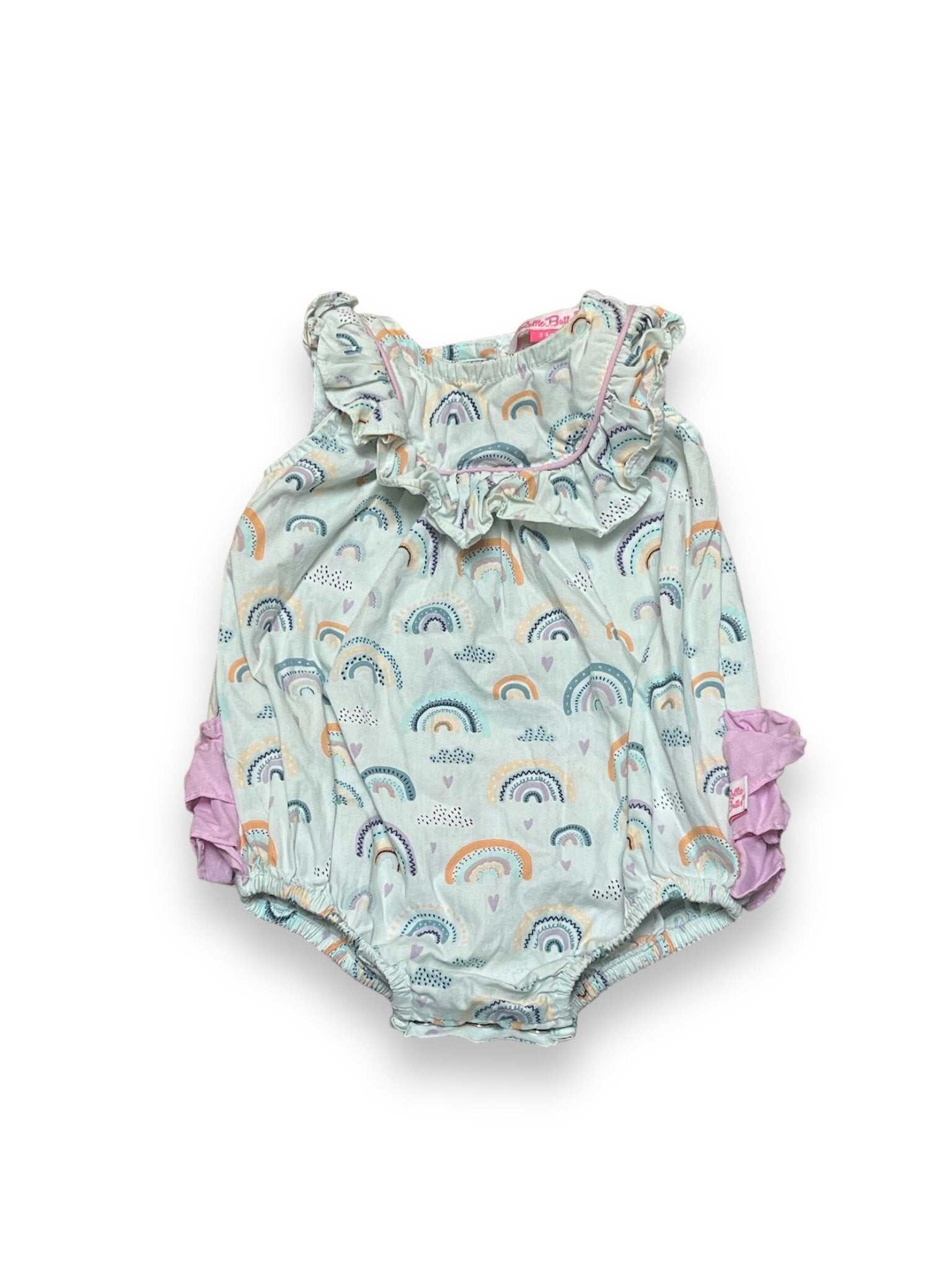 Size 3-6 month Ruffle Butts light blue sleeveless rainbow and heart romper with ruffles Default Title / 3-6 month / Girl