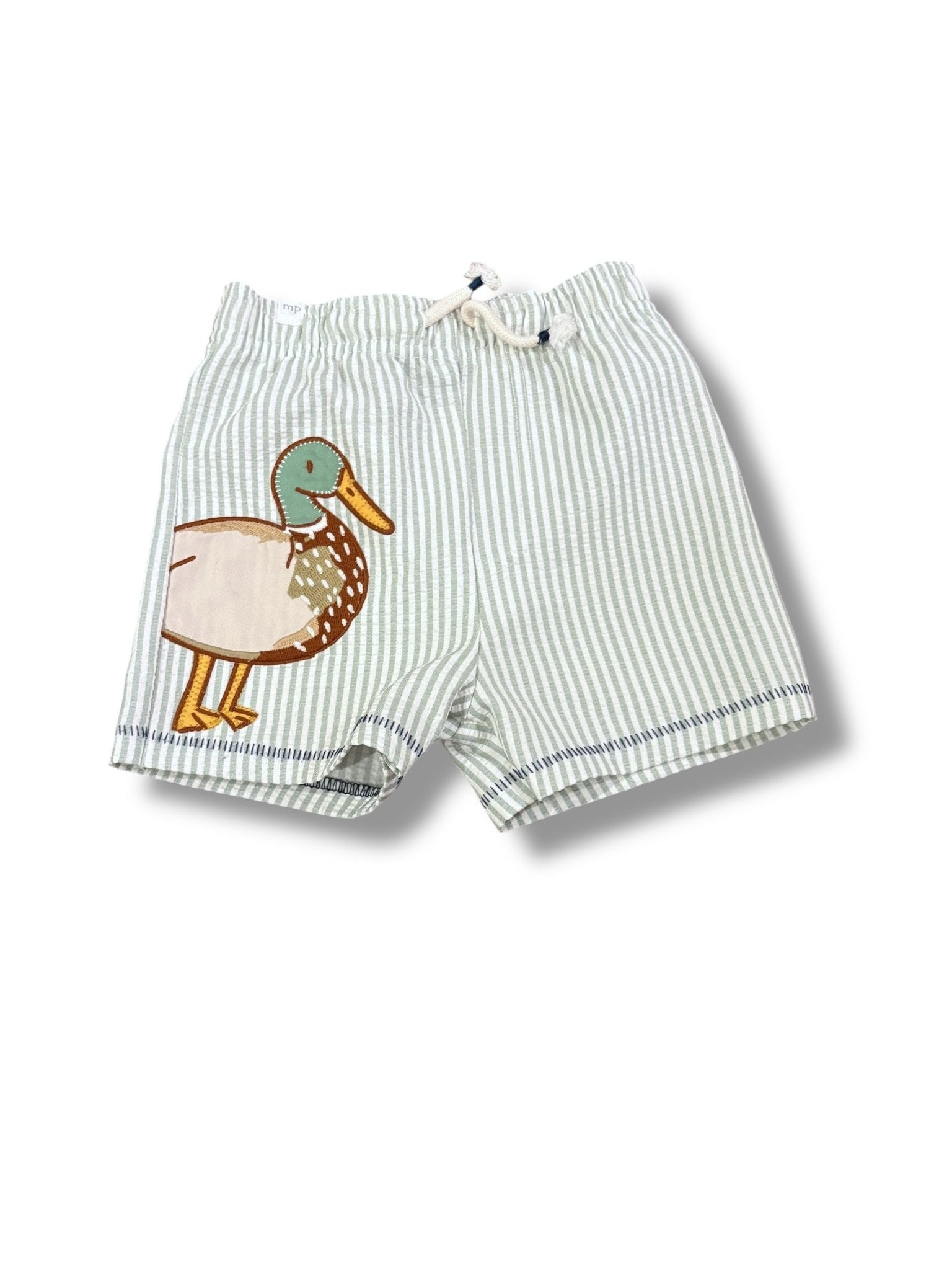 Size 12-18 month Mudpie green and white seersucker duck swim trunks Default Title / 12-18 month / -