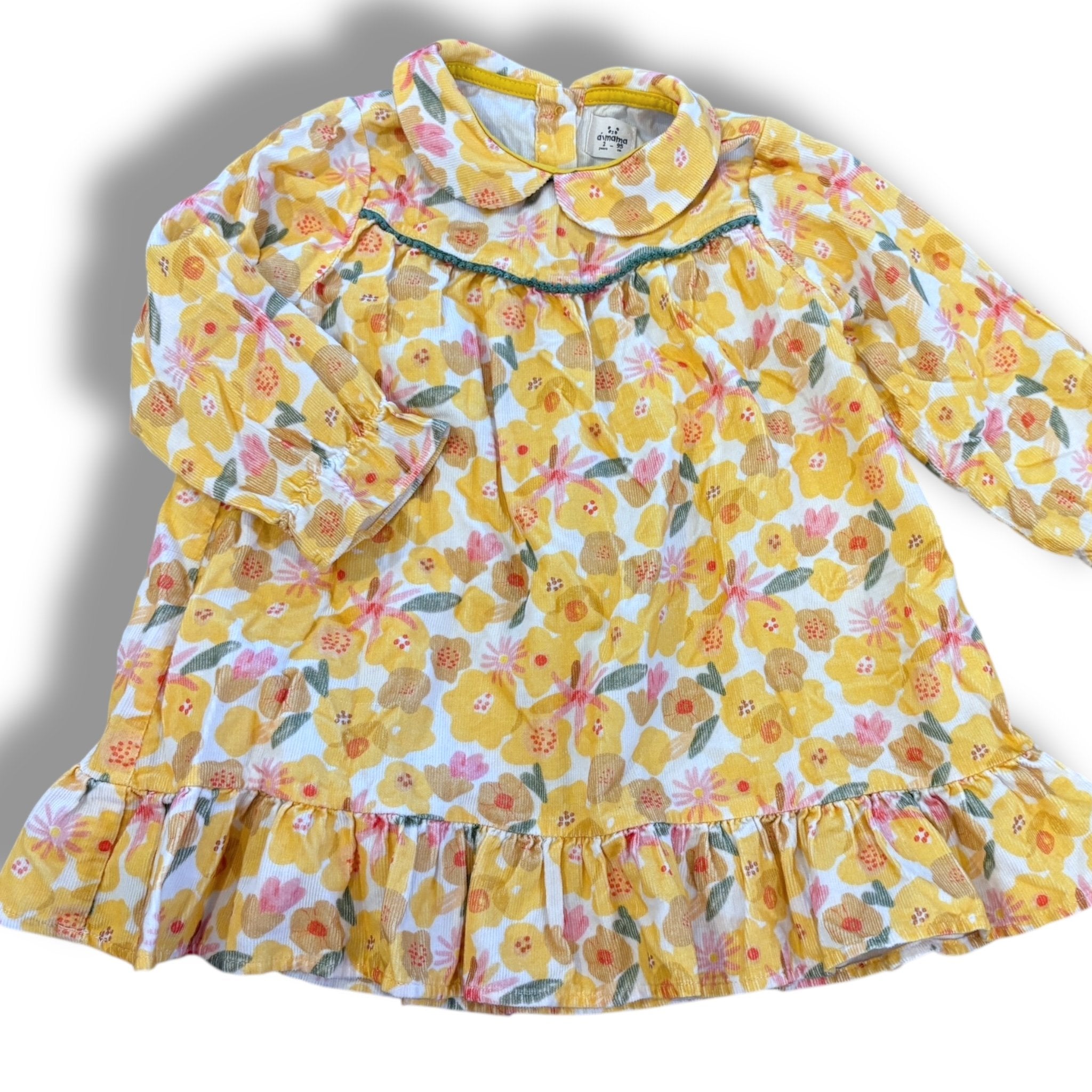 Size 2 Aimama yellow floral corduroy dress with sage trim Default Title / 2 / Girl