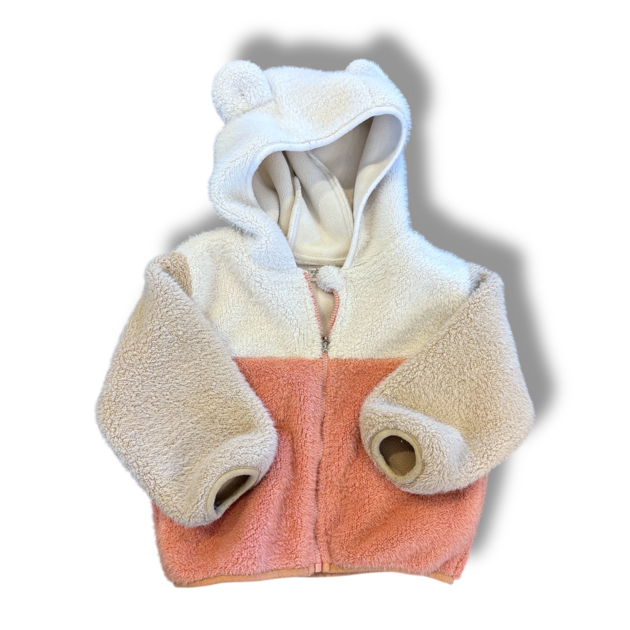 Size 12 month Aimama coral/cream/tan hooded fleece jacket with hood with ears Default Title / 12 / Girl