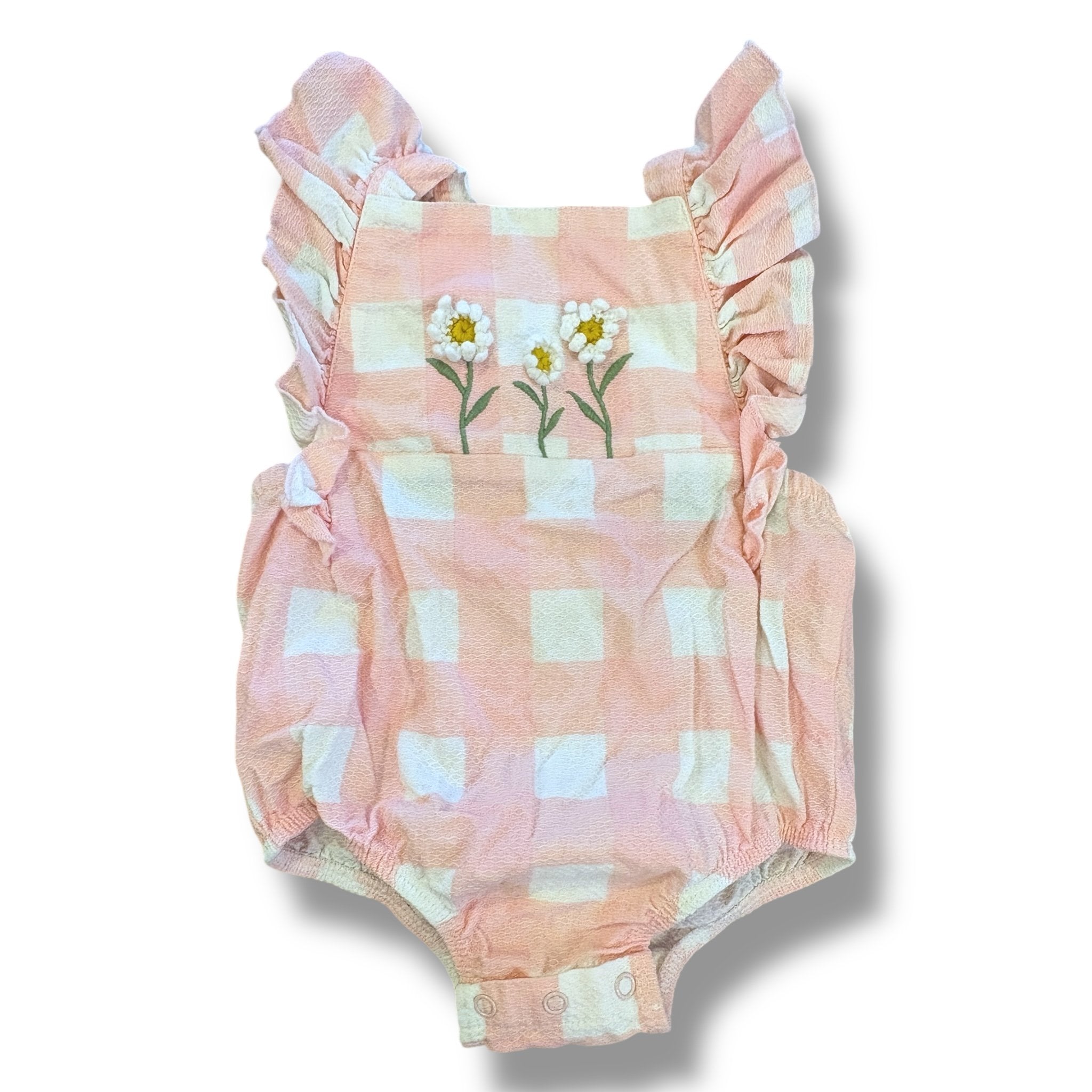 Size 9-12 month Mudpie pink/white check bubble with three white embroidered flowers Default Title / 9-12 month / Girl