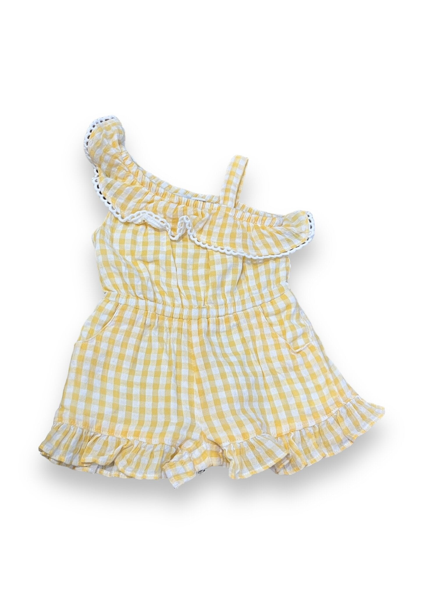 Size 3-6 month Janie and Jack one shoulder yellow gingham ruffle romper Default Title / 3-6 month / Girl