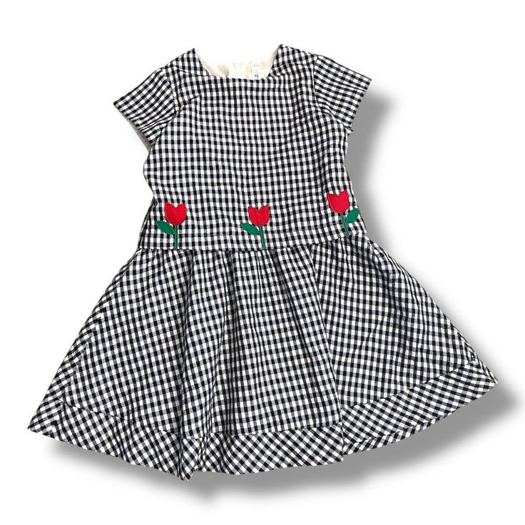 Size 6 Florence Eiseman black and white checkered short sleeve dress with red tulips Default Title / 6 / Girl