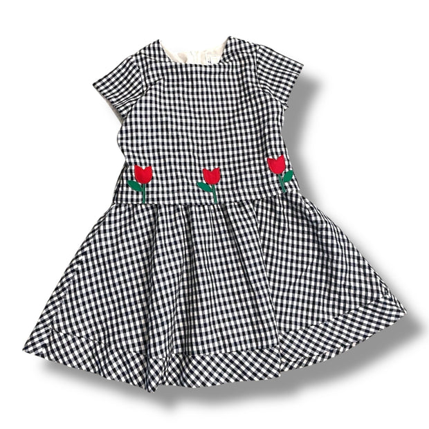 Size 6 Florence Eiseman black and white checkered short sleeve dress with red tulips Default Title / 6 / Girl