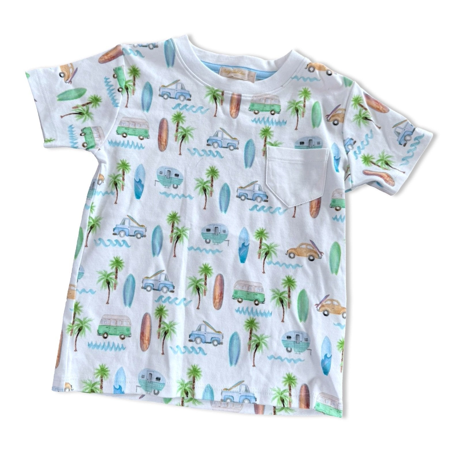 Size 2 Baby Club Chic white short sleeve tee with surf boards, beach vehicles, & palm trees Default Title / 2 / Boy