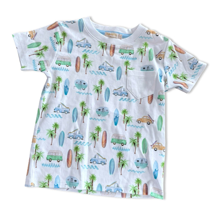 Size 2 Baby Club Chic white short sleeve tee with surf boards, beach vehicles, & palm trees Default Title / 2 / Boy