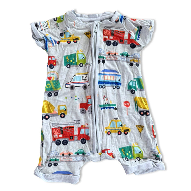 Size 3-6 month Little Sleepies grey short romper with community vehicles Default Title / 3-6 month / Boy