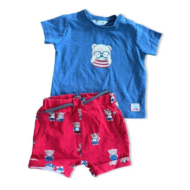 Size Newborn Mayoral blue tee with bear wearing glasses and matching red shorts with bears Default Title / Newborn / Boy