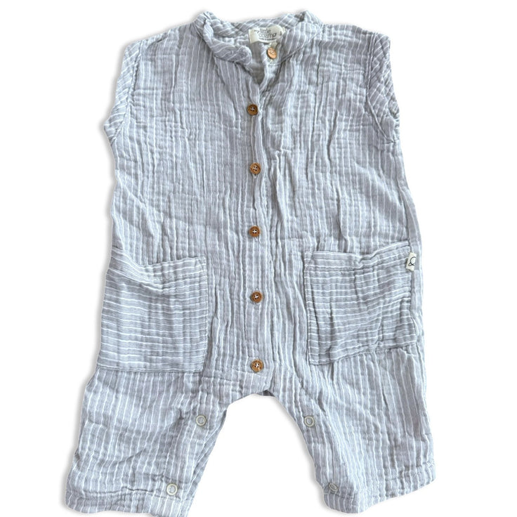 Size 6 month Little Cozmo white and grey stripe romper with pockets Default Title / 6 month / Boy
