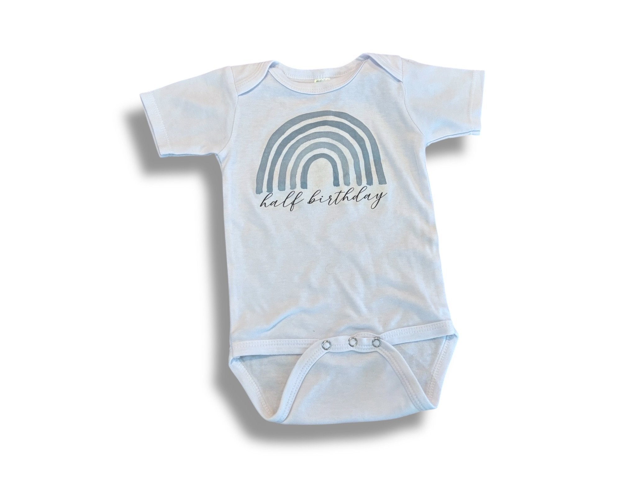 Size 6-12 month Laughing Giraffe white “half birthday” onesie w/ blue rainbow Default Title / 6-12 month / Boy
