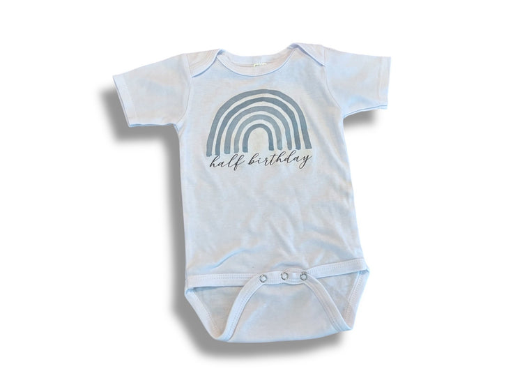 Size 6-12 month Laughing Giraffe white “half birthday” onesie w/ blue rainbow Default Title / 6-12 month / Boy