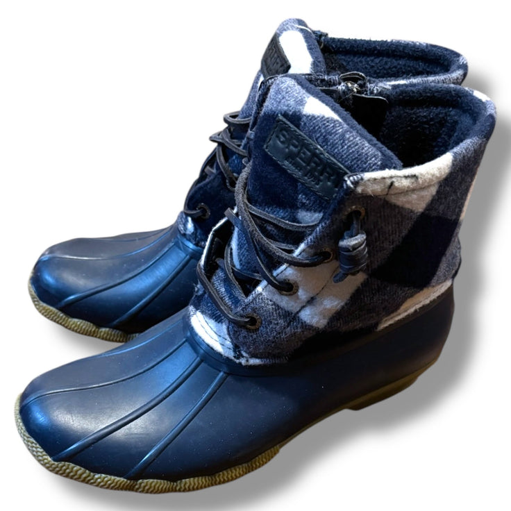 Size Girls 6.5 Sperry navy winter boots w/ navy/white plaid wool upper (a few spots) Default Title / 6.5 / Girl