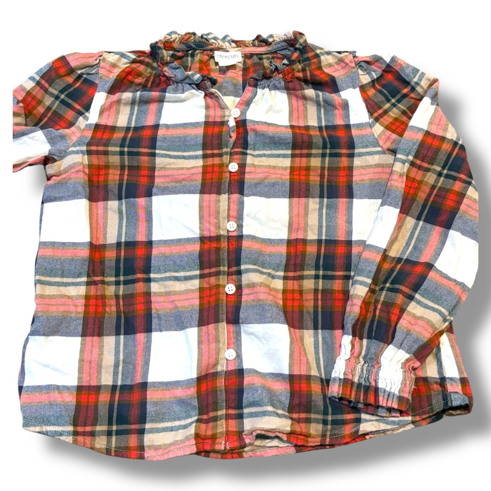 Size 10 Crewcuts tan/cream/red/gray plaid blouse w/ ruffle collar Default Title / 10 / Girl