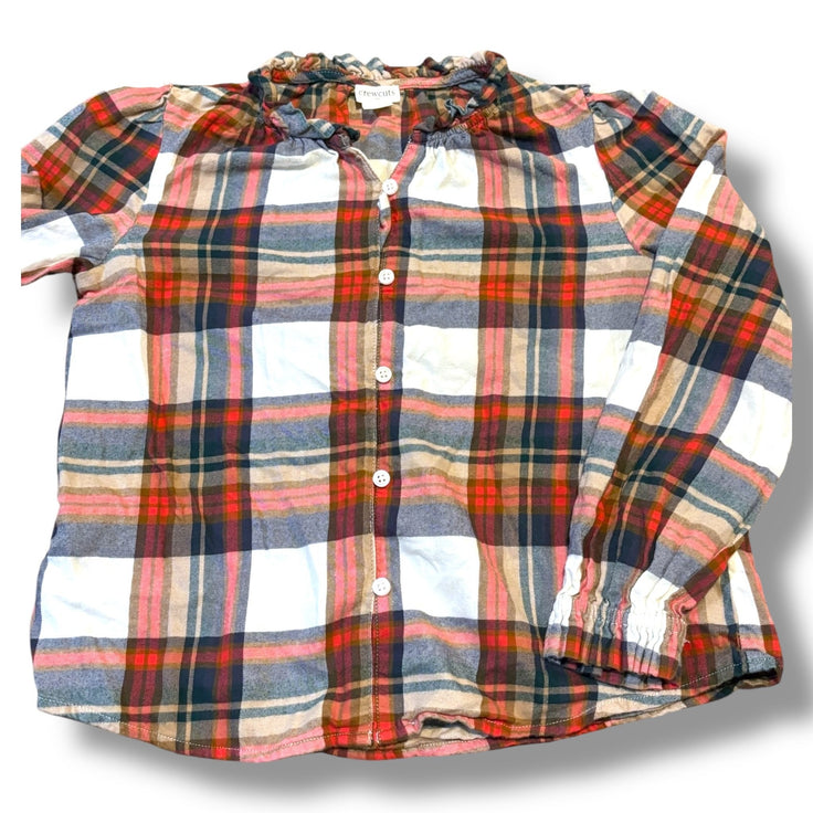 Size 10 Crewcuts tan/cream/red/gray plaid blouse w/ ruffle collar Default Title / 10 / Girl