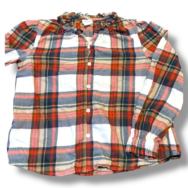 Size 10 Crewcuts tan/cream/red/gray plaid blouse w/ ruffle collar Default Title / 10 / Girl