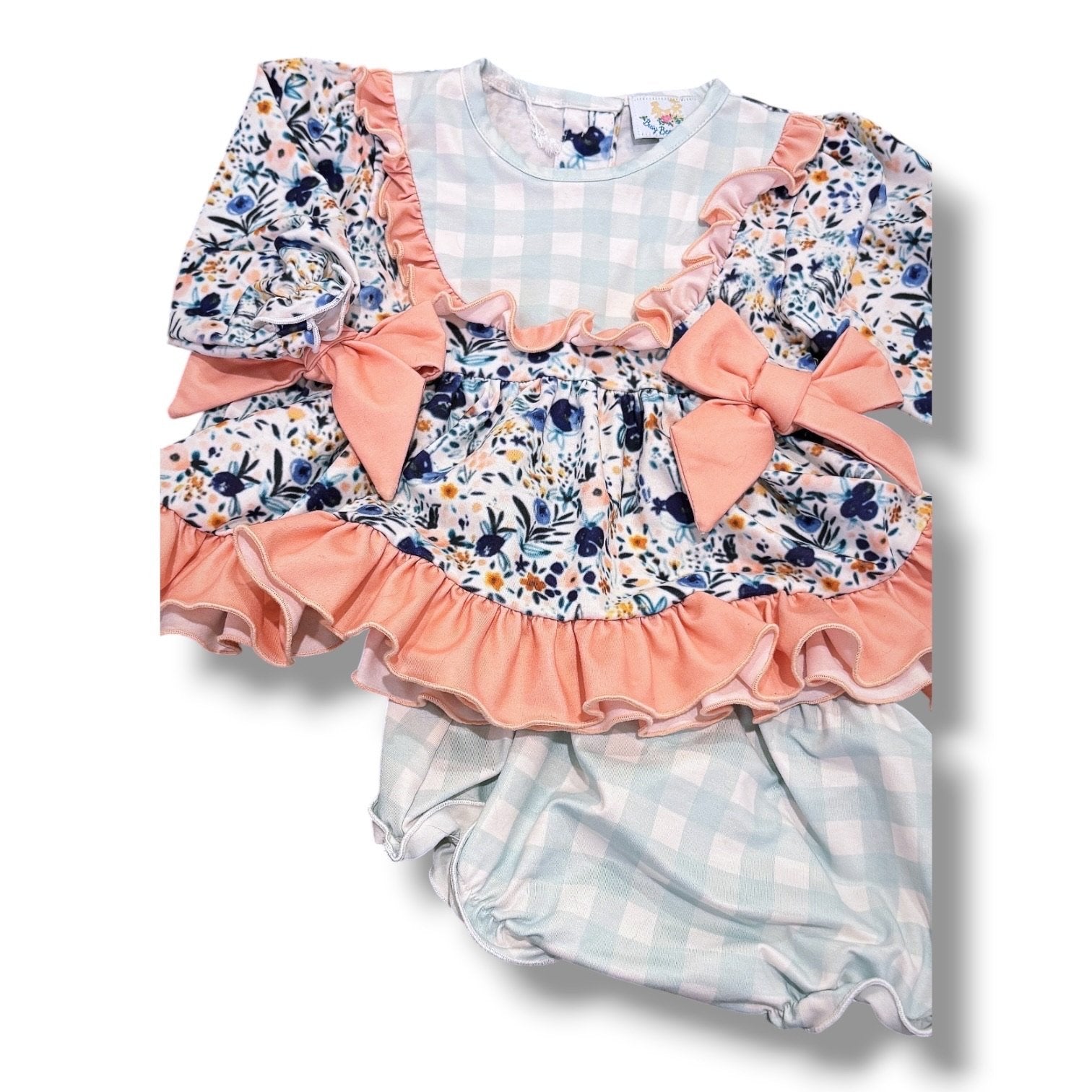 Size 9 month Busy Bees Smocks long sleeve blue gingham with blue floral and pink bow/ruffles tunic with bloomers Default Title / 9 month / Girl