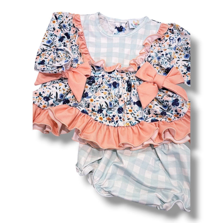 Size 9 month Busy Bees Smocks long sleeve blue gingham with blue floral and pink bow/ruffles tunic with bloomers Default Title / 9 month / Girl