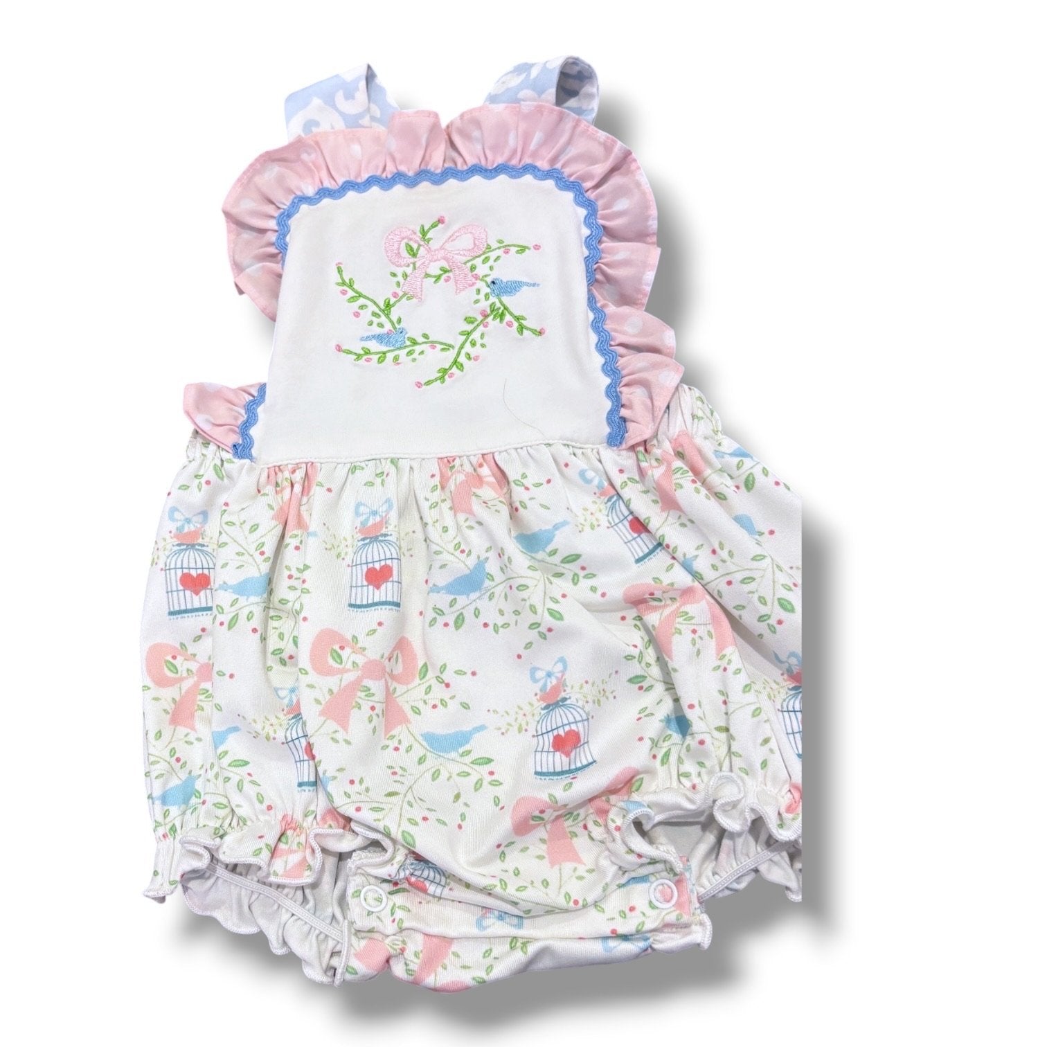 Size 6 month Busy Bees Smocks light pink/blue bubble with embroidered wreath and birdcages Default Title / 6 month / Girl