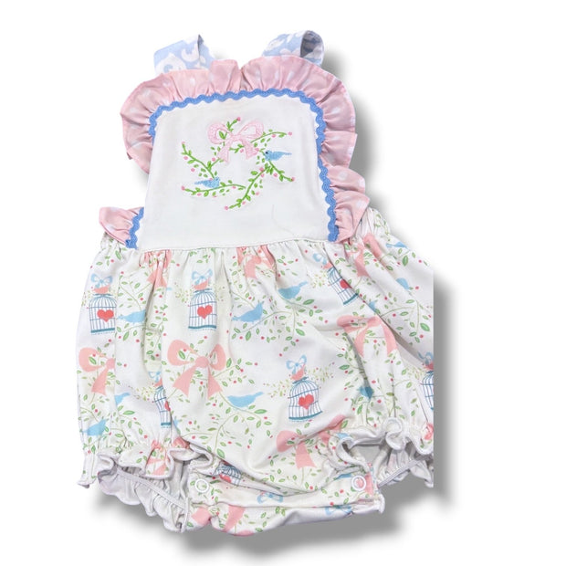 Size 6 month Busy Bees Smocks light pink/blue bubble with embroidered wreath and birdcages Default Title / 6 month / Girl