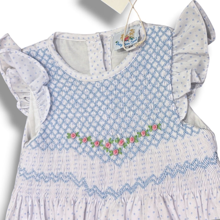 Size 6 month Busy Bee Smocks white and blue polka dot with smocked top and floral detail NWT Default Title / 6 month / -