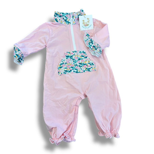 Size 3 month Busy bees smocked pink romper with green/pink floral collar NWT Default Title / 3 / Girl
