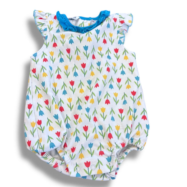 Size 6 month Magnolia baby white onesie with tulips, blue ruffle neck Default Title / 6 month / Girl