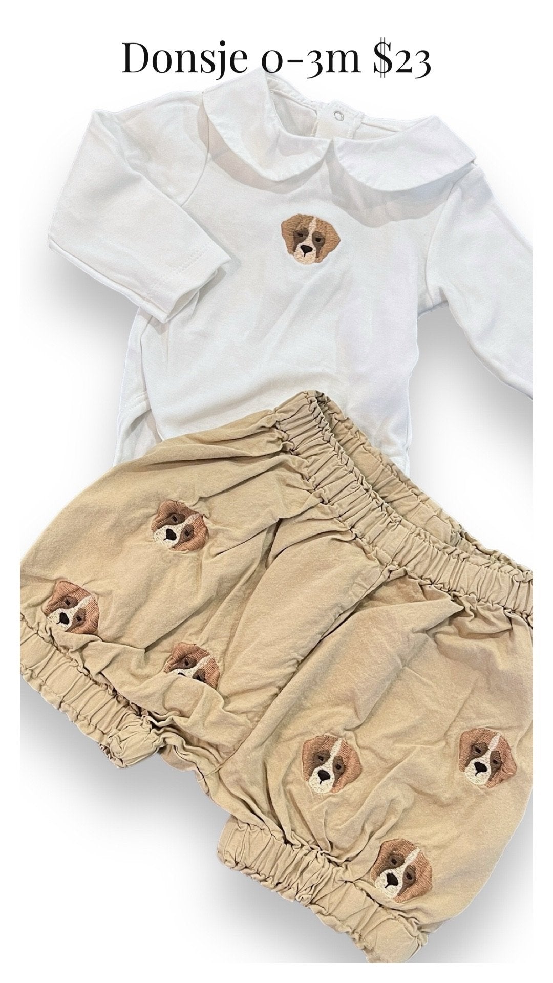 Size 0-3 month Donsje White Shirt with Dog Embroidery and Khaki Shorts with Dog Embroidery Default Title / 0-3 month / Boy