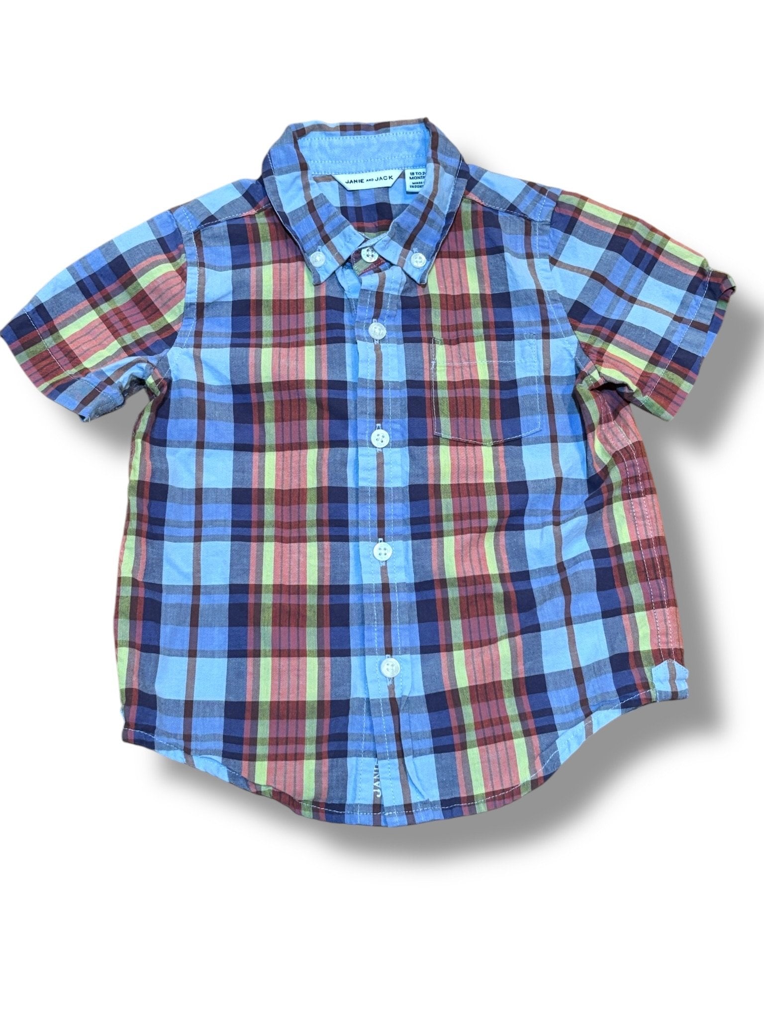 Size 18-24 month Janie and Jack blue, red, yellow, brown plaid short-sleeve button down Default Title / 18-24 month / Boy