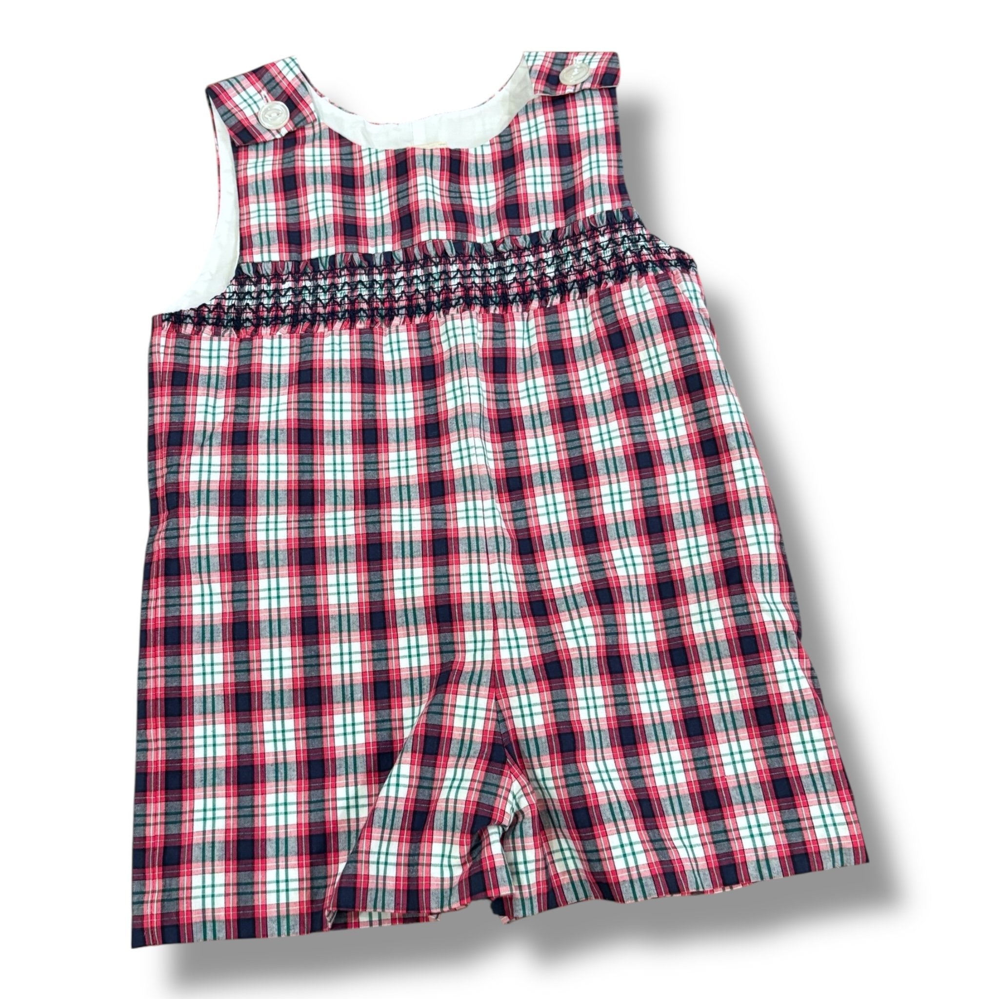 Size 3 TBBC navy/red/green plaid shortall, smocked chest Default Title / 3 / Boy