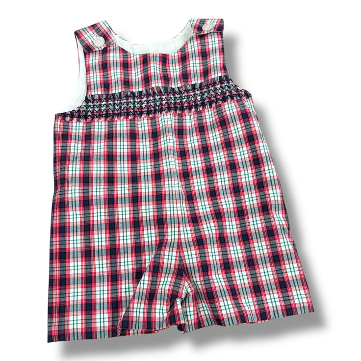 Size 3 TBBC navy/red/green plaid shortall, smocked chest Default Title / 3 / Boy