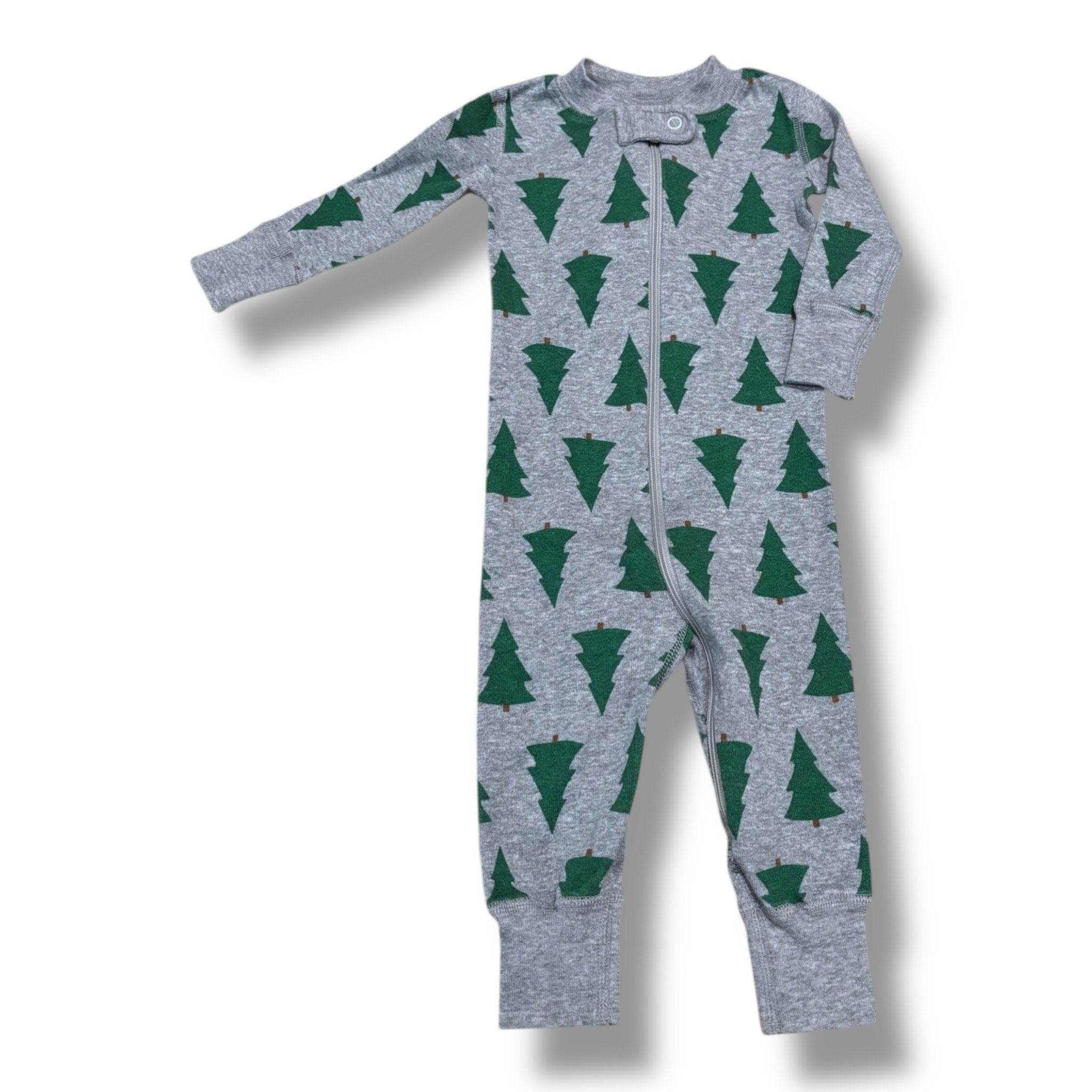 Size 3-6 month Hanna Andersson gray zip-up pajamas w/ green pine trees Default Title / 3-6 month / -