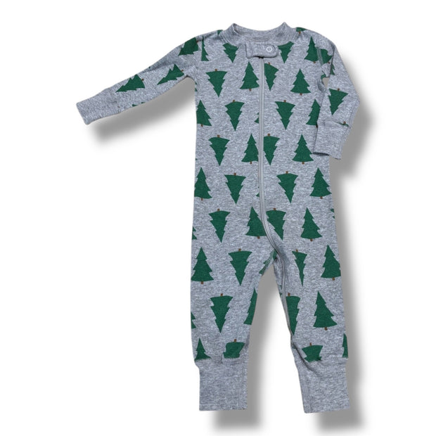 Size 3-6 month Hanna Andersson gray zip-up pajamas w/ green pine trees Default Title / 3-6 month / -