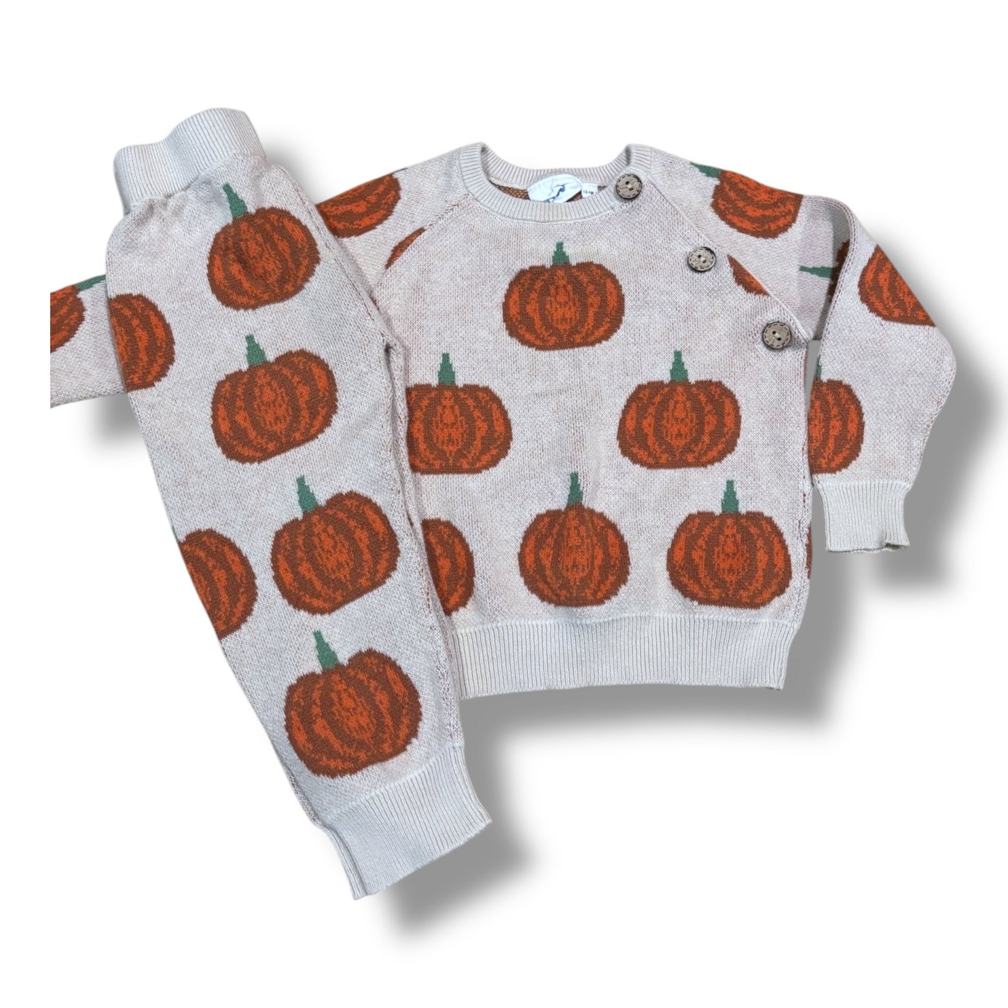 Size 12-18 month The Smocked Bear tan sweater two-piece outfit w/ pumpkins, wooden shoulder buttons Default Title / 12-18 month / -