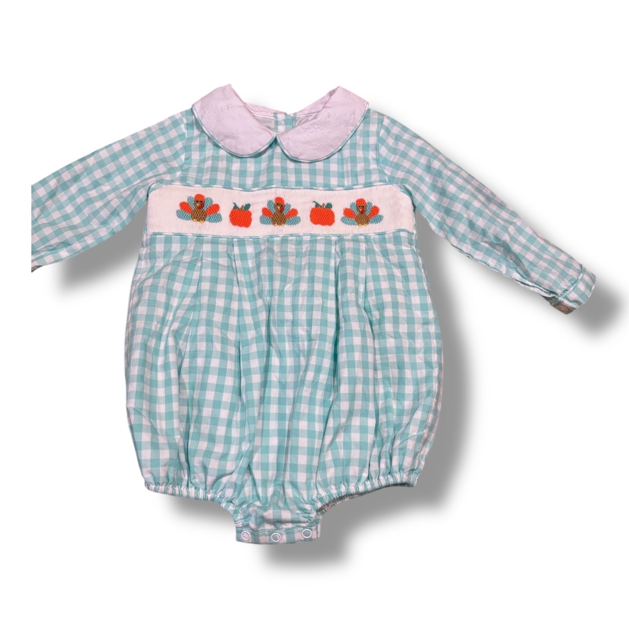 Size 18 month Cecil and Lou aqua and white gingham bubble w/ smocked turkeys/pumpkins; white collar Default Title / 18 month / Boy