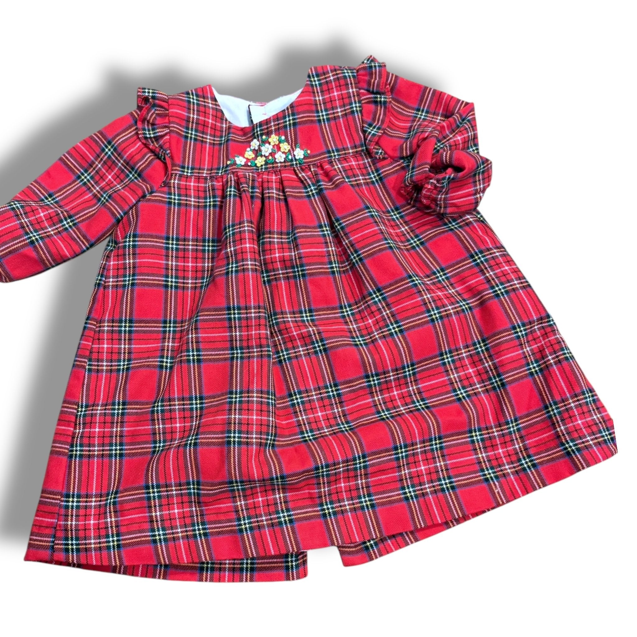 Size 6 month Luli red tartan plaid long sleeve dress with embroidered small flowers on chest Default Title / 6 month / Girl