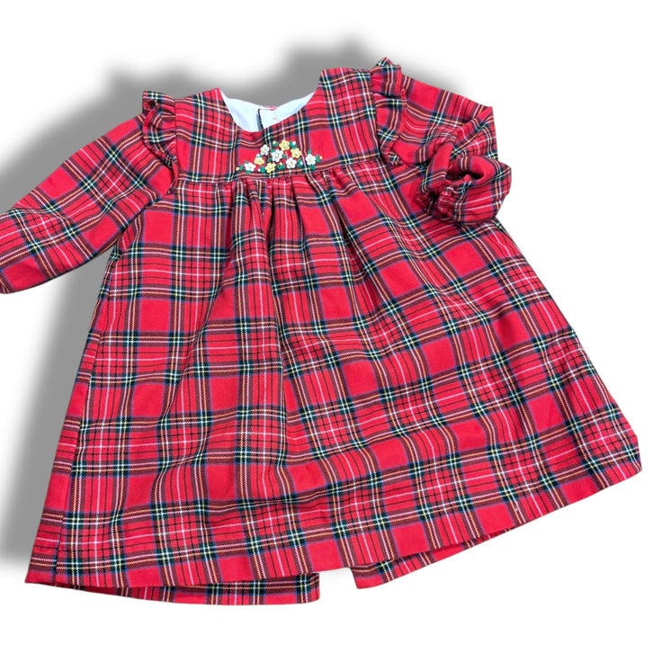 Size 6 month Luli red tartan plaid long sleeve dress with embroidered small flowers on chest Default Title / 6 month / Girl