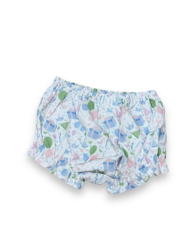 Size 12 month Cecil and Lou white birthday bloomer shorts with blue presents, green/pink balloons Default Title / 12 / Girl