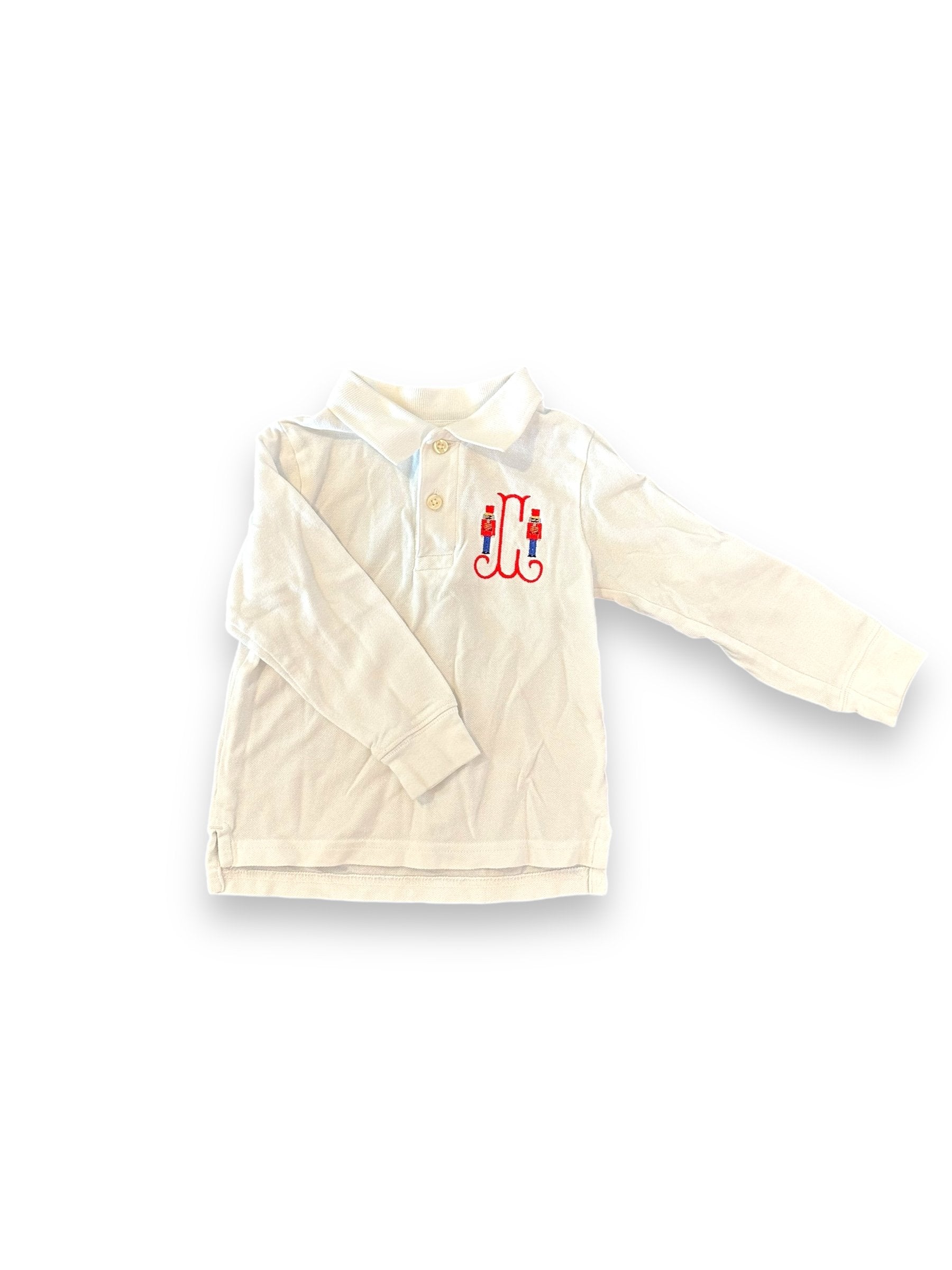 Size 2T off brand white polo with monogrammed soldiers Default Title / 2 / Boy