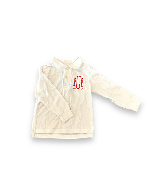 Size 2T off brand white polo with monogrammed soldiers Default Title / 2 / Boy