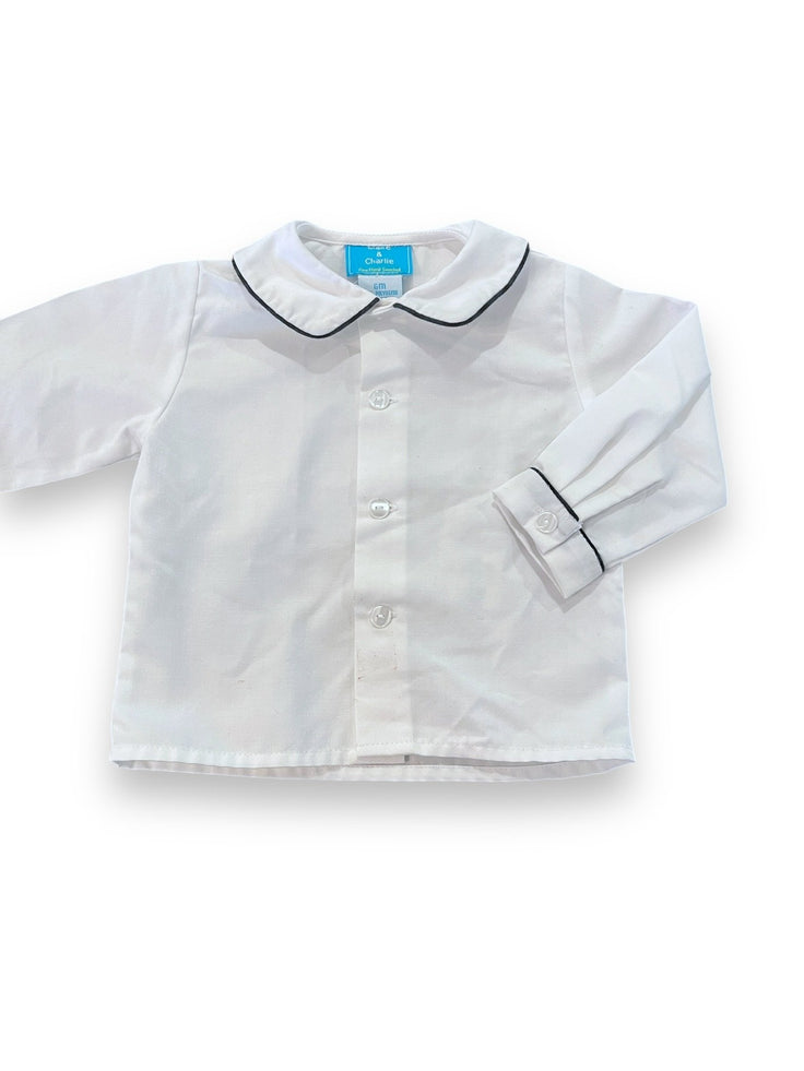 Size 6 month Claire and Charlie white peter pan collar button down with navy piping Default Title / 6 month / -