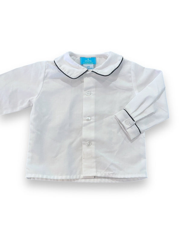 Size 6 month Claire and Charlie white peter pan collar button down with navy piping Default Title / 6 month / -