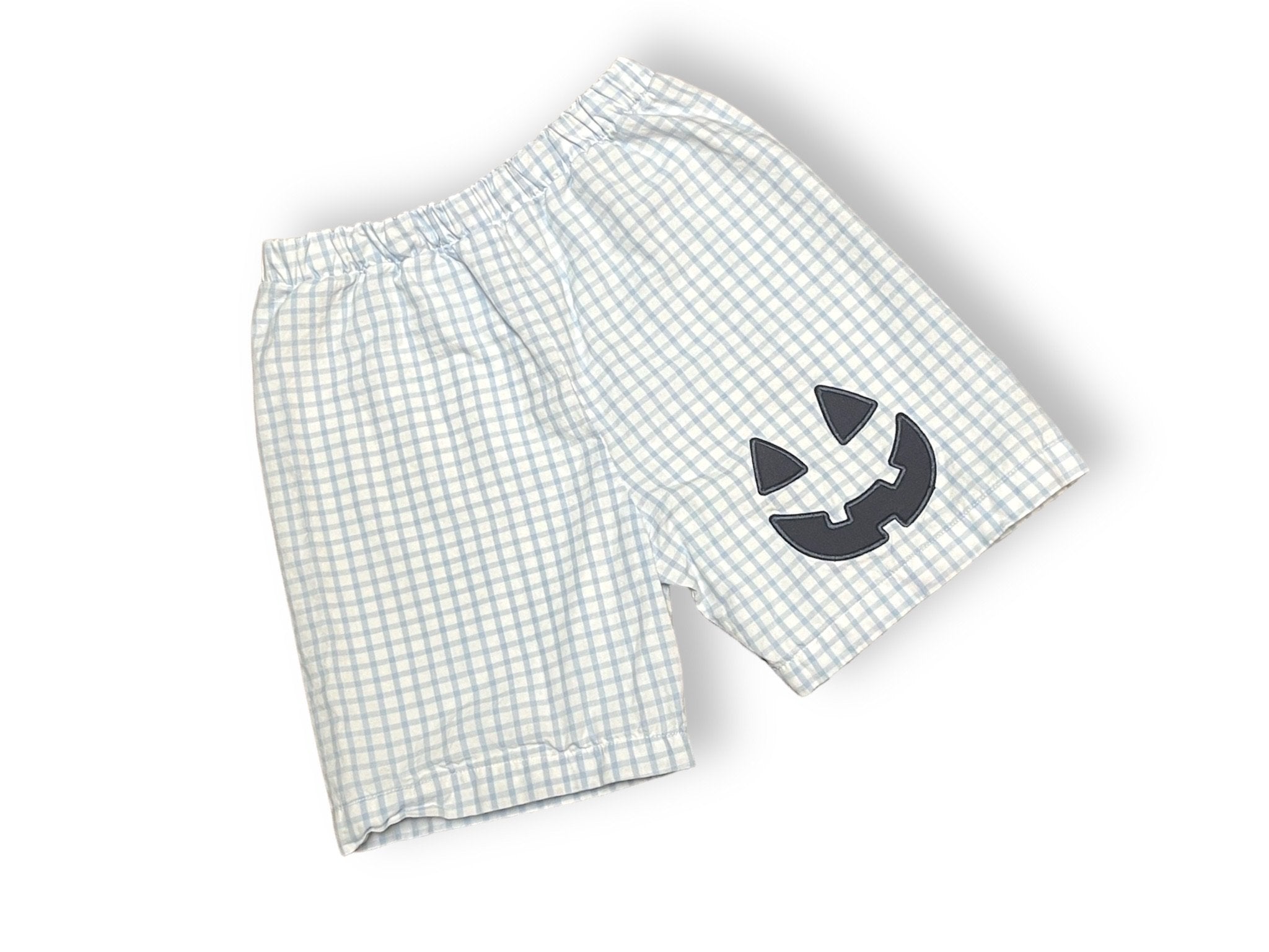Size 10 The Bella Bean blue and white plaid shorts with navy pumkin face Default Title / 10 / -