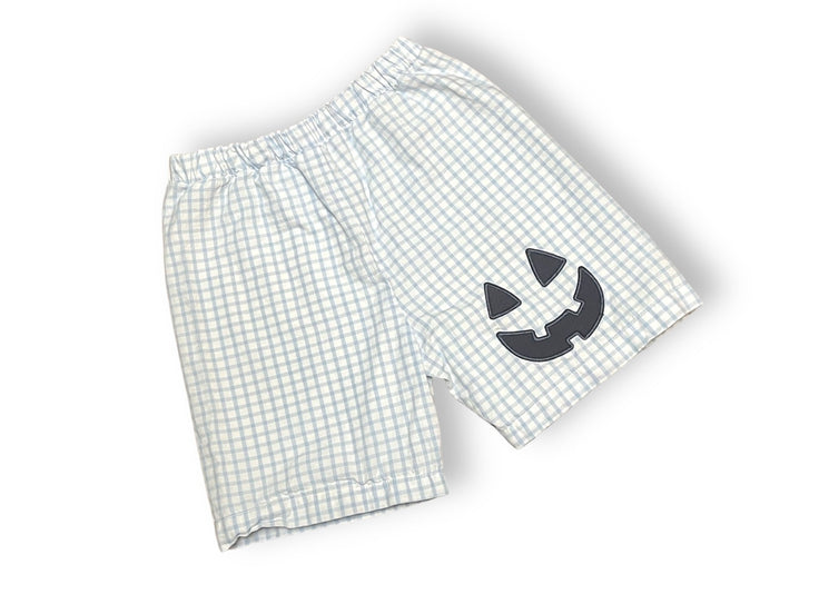 Size 10 The Bella Bean blue and white plaid shorts with navy pumkin face Default Title / 10 / -