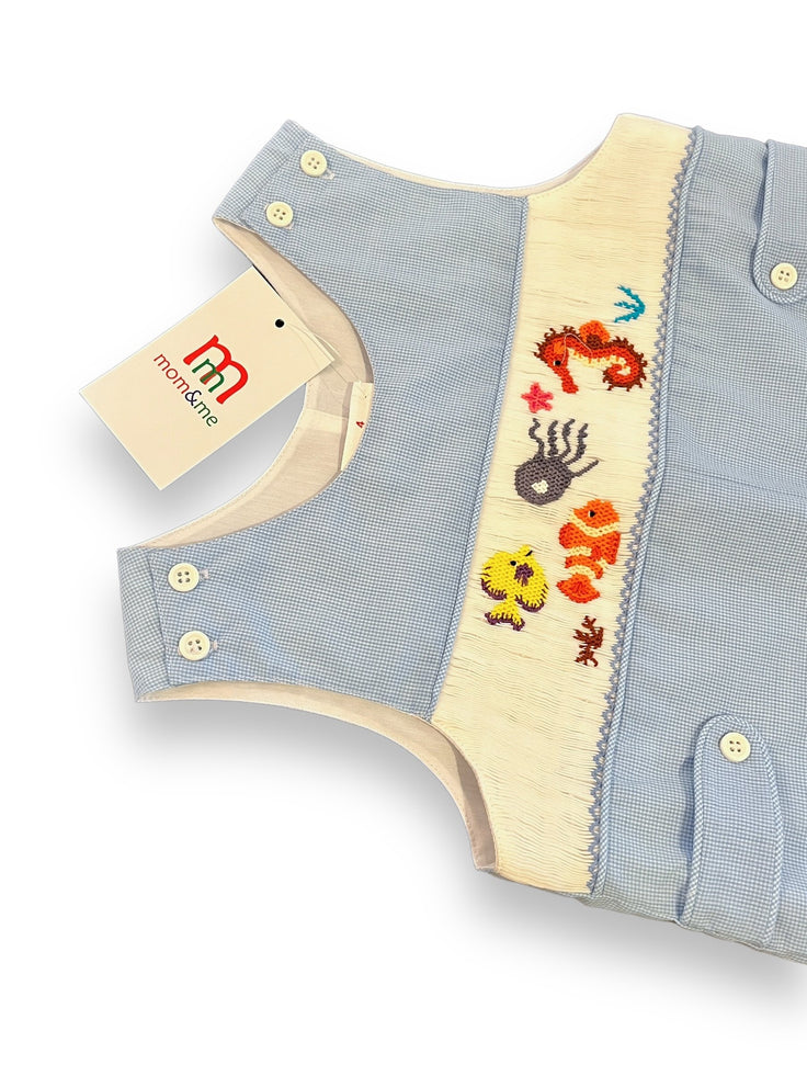 Size 4 Mom and Me light blue romper with smocked sealife and white buttons, NWT Default Title / 4 / Boy