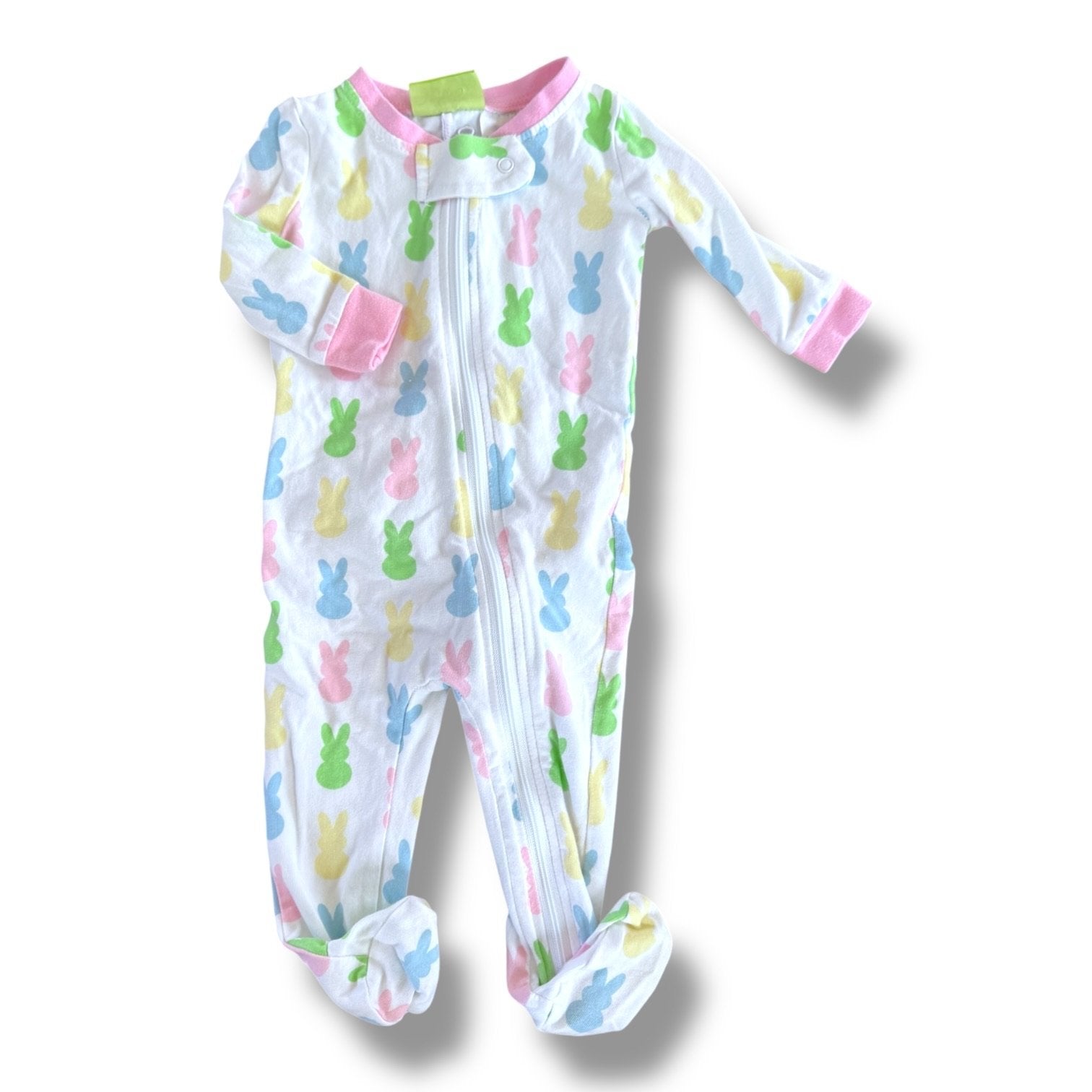 Size 6 month Classic Whimsy white zip footie pajamas with pink, green, blue and yellow bunnies Default Title / 6 month / Girl
