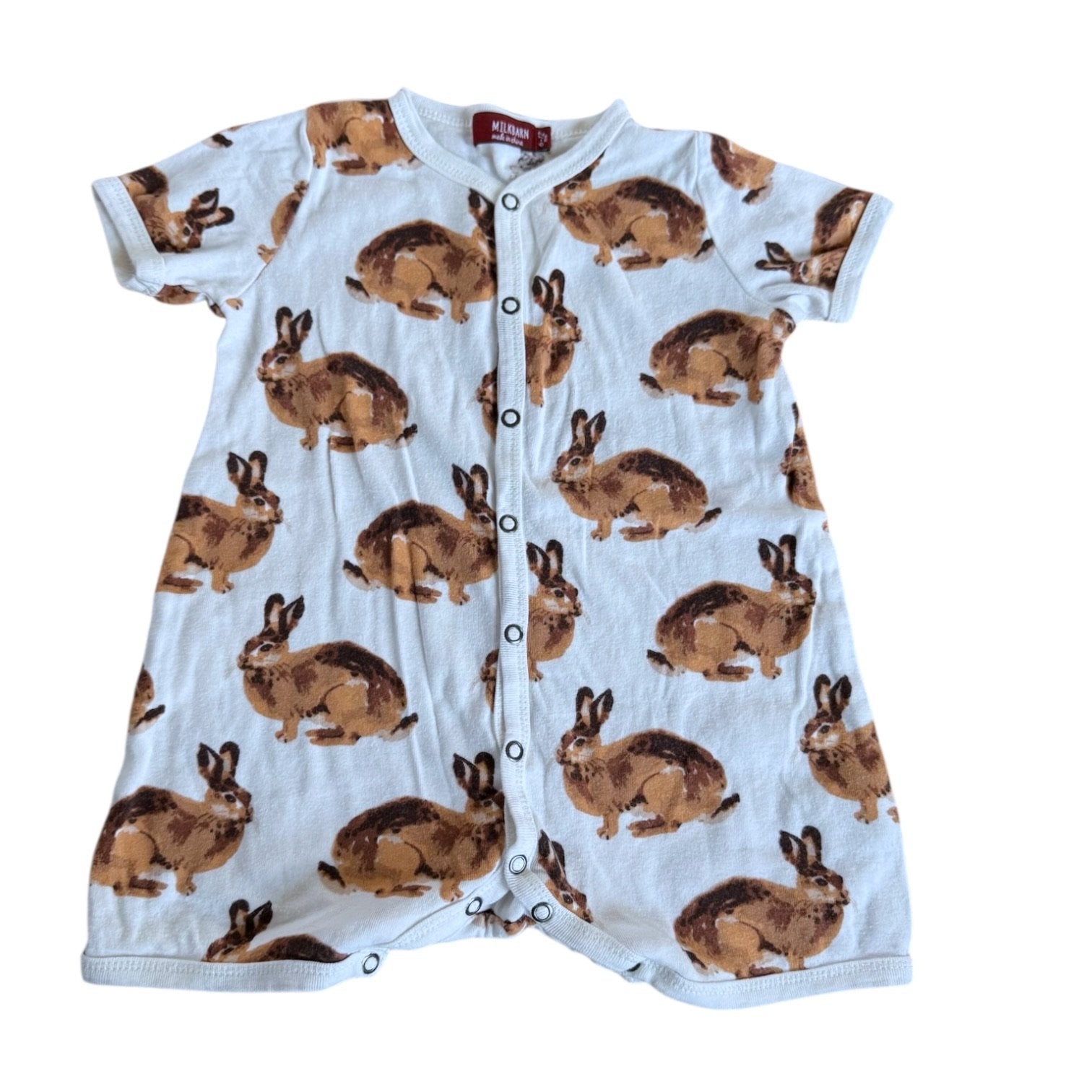 Size 6-12 month Milkbarn white short snap romper with brown bunnies Default Title / 6-12 month / Boy