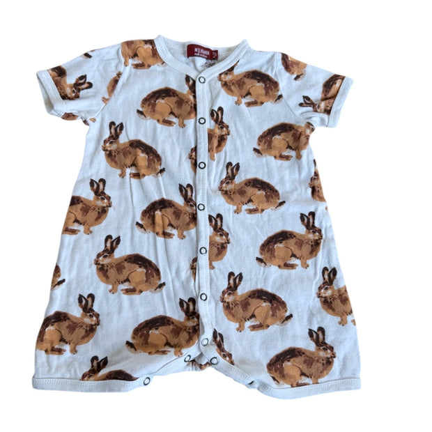 Size 6-12 month Milkbarn white short snap romper with brown bunnies Default Title / 6-12 month / Boy