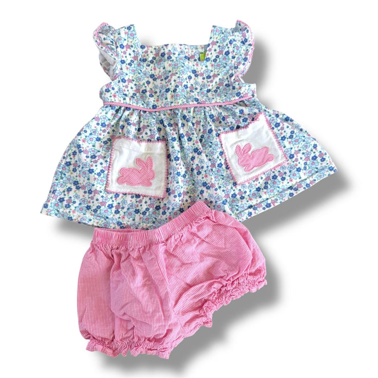 Size 6 month Classic Whimsy pink and white gingham shorts & white top with pink and blue flowers and bunnies on pockets Default Title / 6 month / Girl