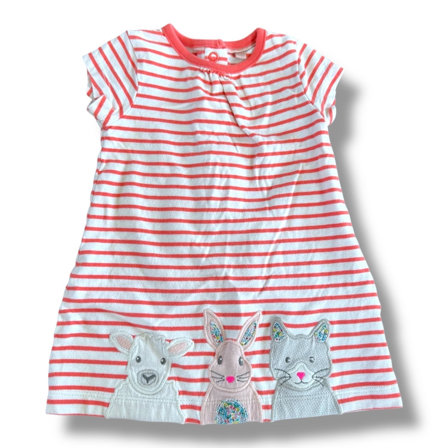 Size 3-6 month Boden white and coral stripe dress with lamb, bunny, and kitty applique' Default Title / 3-6 month / Girl